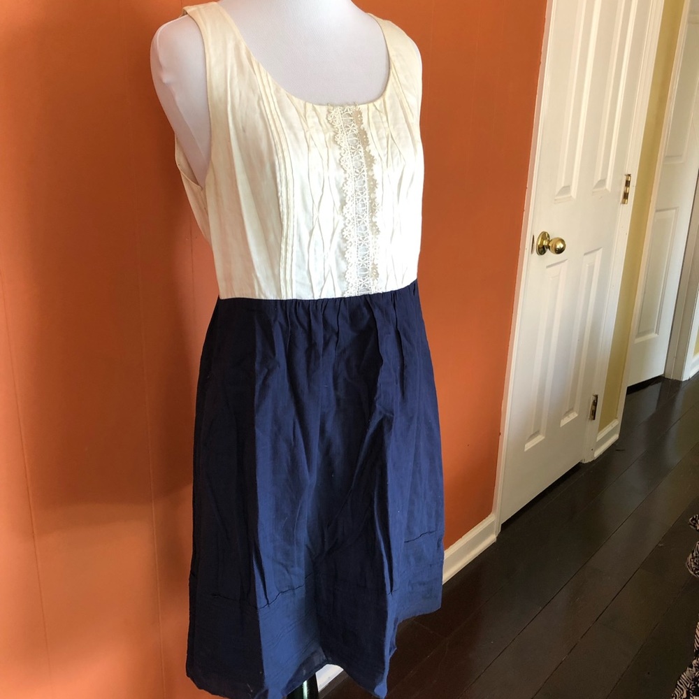 Anthropologie white and navy linen sheath dress